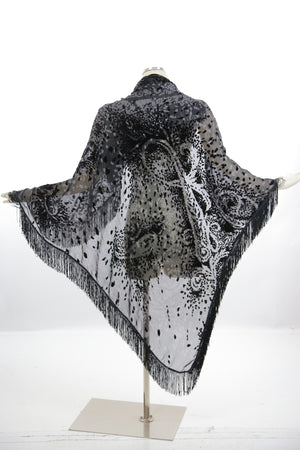 Boho Hippie black silk burnout velvet fringe shawl wrap coverup - shabbybabe
 - 2