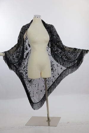 Boho Hippie black silk burnout velvet fringe shawl wrap coverup - shabbybabe
 - 4