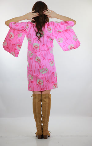 Genuine Asian kimono robe pink floral cotton hppie boho festival wrap jacket M