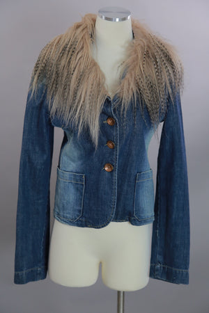 Vintage 80s boho hippie blue denim jacket with long fur trim collar M