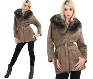 Vintage 70s brown suede leather fur collar jacket