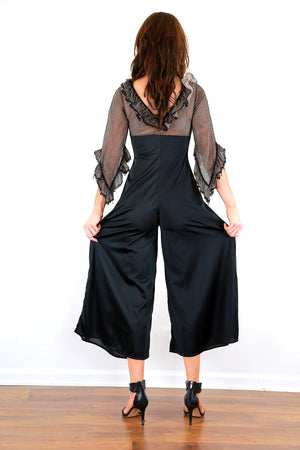 Glydons of Hollywood black fish net boudoir gown vintage 60s 70s sheer angel sleeve palazzo playsuit