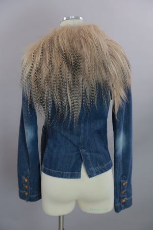 Vintage 80s boho hippie blue denim jacket with long fur trim collar M