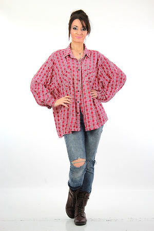 Vintage 90s grunge Red flannel shirt red white checkered oversize Large - shabbybabe
 - 2