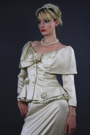 60s silk bridal off shoulder wiggle wedding dress - shabbybabe
 - 6