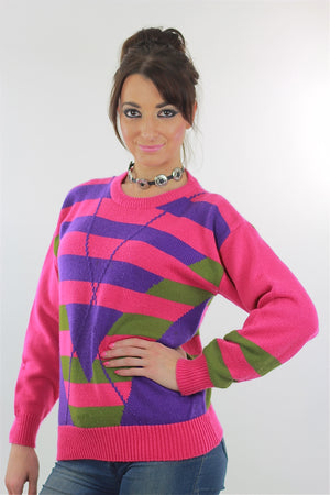 Pink Sweater top 80s abstract Striped pullover - shabbybabe
 - 3