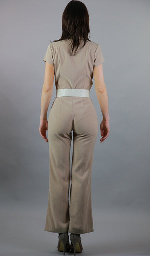 Vintage 80s boho ultra suede jumpsuit romper short sleeve zip up beige