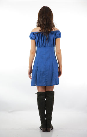 Blue Peasant Dress Button down off shoulder boho festival mini sundress M