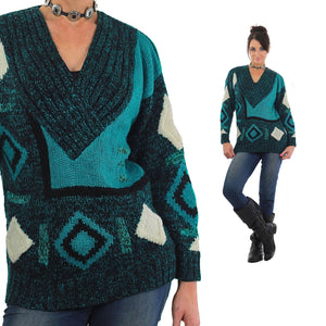 Vintage 80s Deep V Ribbed Abstract Sweater Green Black - shabbybabe
 - 5