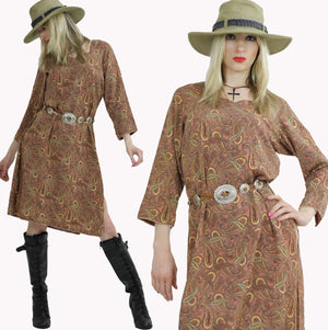 Paisley mini dress Bohemian tunic long sleeve oversize Hippie shift bell sleeve shirt festival Medium Large - shabbybabe
 - 2
