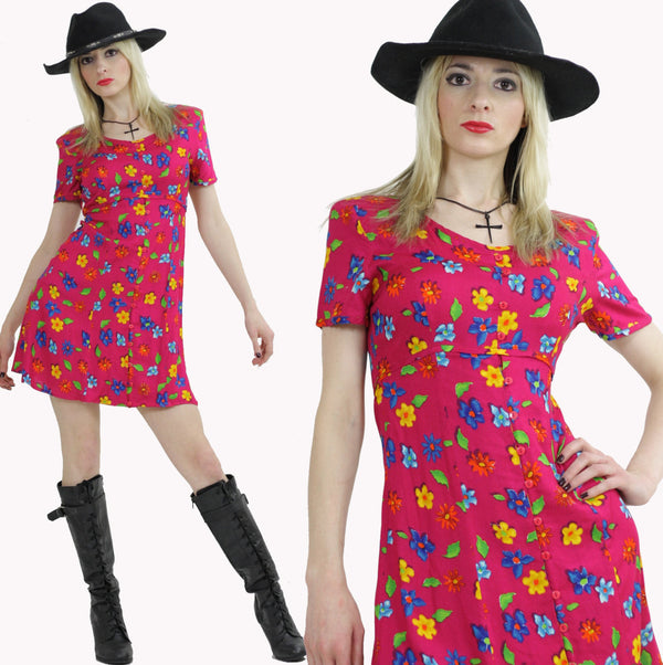 Vintage 90s Grunge Boho Mini Dress draped neon floral print slinky A line  UB481 - shabbybabe
 - 1