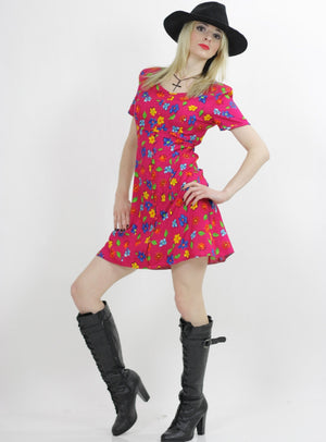 Vintage 90s Grunge Boho Mini Dress draped neon floral print slinky A line  UB481 - shabbybabe
 - 3