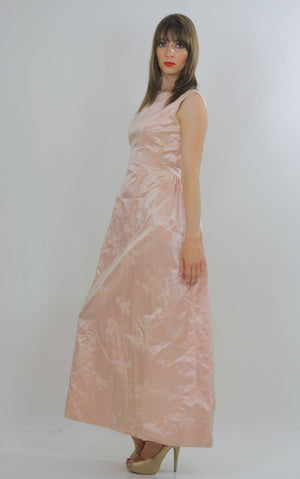 pink silk dress floral Party gown silk burnout mad men sleeveless long U neckline fitted Medium - shabbybabe
 - 3