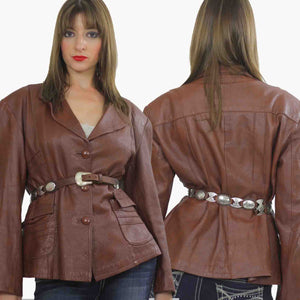 70s boho brown leather jacket blazer Top M - shabbybabe
 - 2