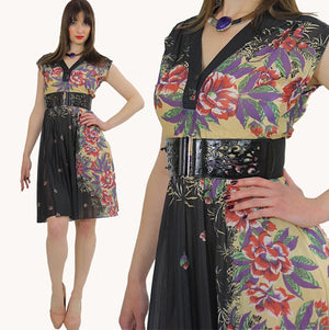 80s High waist Sheer floral border design dress - shabbybabe
 - 2