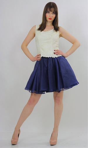 Lace Mini Dress 60s Navy Blue party dress  Vintage 1960s Sheer Full Skirt sleeveless dress scallop neckline color block low waist Medium M - shabbybabe
 - 2