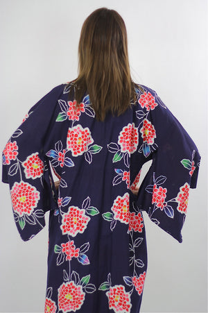 Japanese Kimono Robe abstract floral Vintage 70s  Navy asian ethnic festival Maxi dress Cotton Large - shabbybabe
 - 5