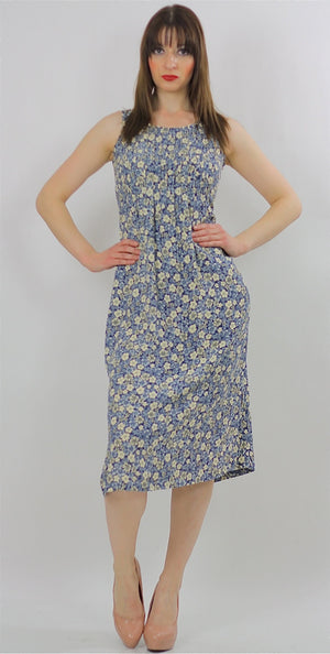 Grunge Blue white floral dress pleated sleeveless sundress  S - shabbybabe
 - 3