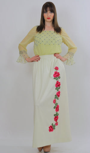White floral skirt embroidered boho dress vintage 1970s rose appliqu̩ cocktail party roses motif Medium - shabbybabe
 - 2