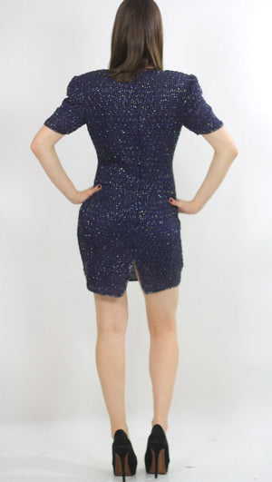 Sequin beaded dress Navy blue Vintage 80s little black cocktail party Mod retro short sleeve wiggle  Small - shabbybabe
 - 3