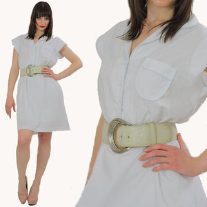 White button up Mini Dress Boho Sun Dress Sheer Button Dress Vintage 80s Mini Dress Secretary mini  Dress Summer Dress Size M - shabbybabe
 - 2