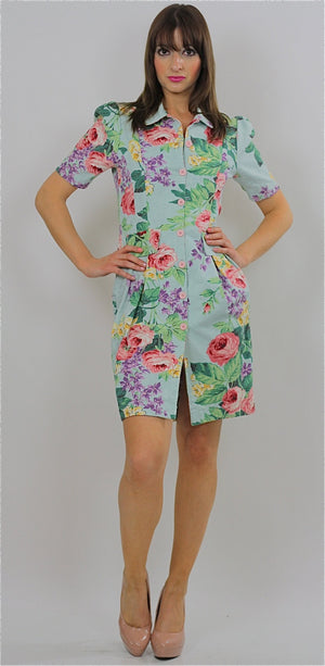 80s Tropical Floral button up mini dress - shabbybabe
 - 1