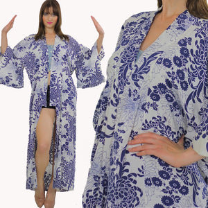 Vintage Kimono robe Blue floral Asian Japanese Boho - shabbybabe
 - 5