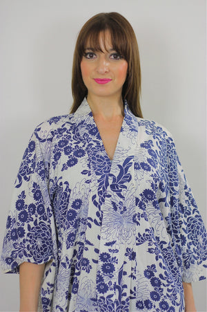 Vintage Kimono robe Blue floral Asian Japanese Boho - shabbybabe
 - 3