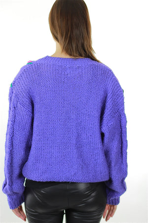 Cable knit Cardigan Applique Hand knit  Purple floral sweater - shabbybabe
 - 4