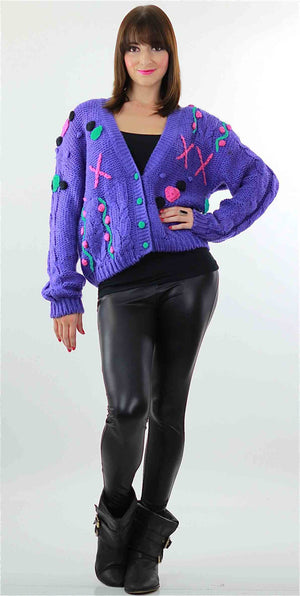 Cable knit Cardigan Applique Hand knit  Purple floral sweater - shabbybabe
 - 5