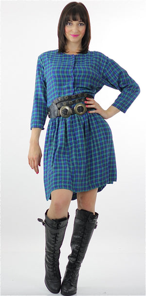 Vintage 90s grunge Plaid Dress  Blue tartan plaid shirt dress long sleeve mini dress M - shabbybabe
 - 2