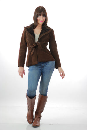 Brown suede leather jacket fur trim boho Hippie belted button up long sleeve blazer M - shabbybabe
 - 1