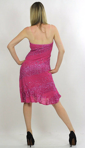 Pink sequin dress Deep V plunging halter fishtail Flapper deco Vintage 1980s Stripe ruffle Medium - shabbybabe
 - 3