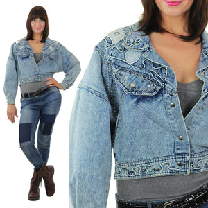 Studded denim jacket 80s Acid Wash Cropped denim blue jean slouchy Vintage 80s rocker Medium - shabbybabe
 - 2