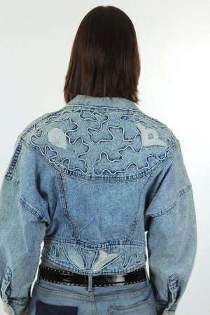 Studded denim jacket 80s Acid Wash Cropped denim blue jean slouchy Vintage 80s rocker Medium - shabbybabe
 - 5