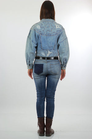 Studded denim jacket 80s Acid Wash Cropped denim blue jean slouchy Vintage 80s rocker Medium - shabbybabe
 - 4