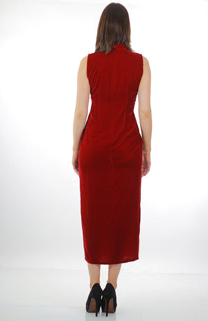 Red velvet  dress Sequin studded velvet maxi dress High slit velvet Cocktail party dress velvety high neck L - shabbybabe
 - 4