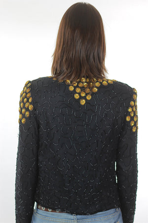 Sequin Jacket Vintage 1980s  gold Metallic Evening cocktail party long sleeve Deco Silk top Small - shabbybabe
 - 4