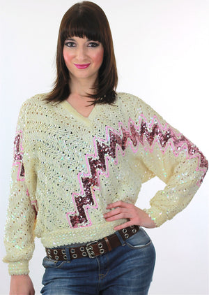 Sequin Sweater 80s Abstract metallic Pink white zig zag Glitter Deco Glam Pullover retro long sleeve top Medium - shabbybabe
 - 2