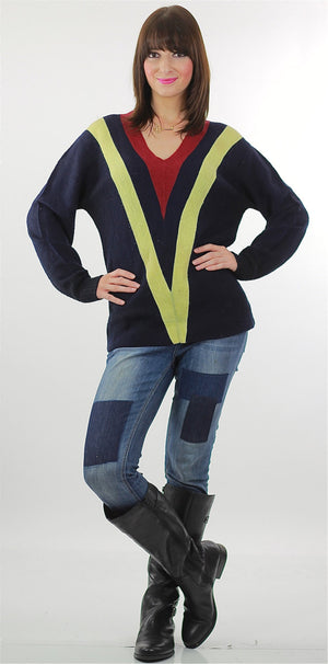 Stripe sweater Knit Chevron Vintage 70s retro color block navy blue Mod menswear preppy  Bohemian V neck Medium large - shabbybabe
 - 5