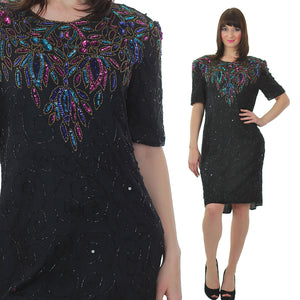 Vintage 80s Gatsby Deco Flapper black sequin beaded party dress - shabbybabe
 - 2