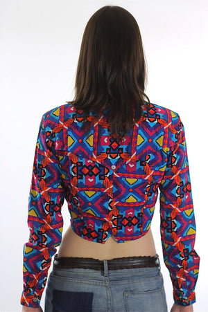80s Boho Crop top jacket Abstract Cotton Neon Belly shirt Gypsy Bohemian M - shabbybabe
 - 4
