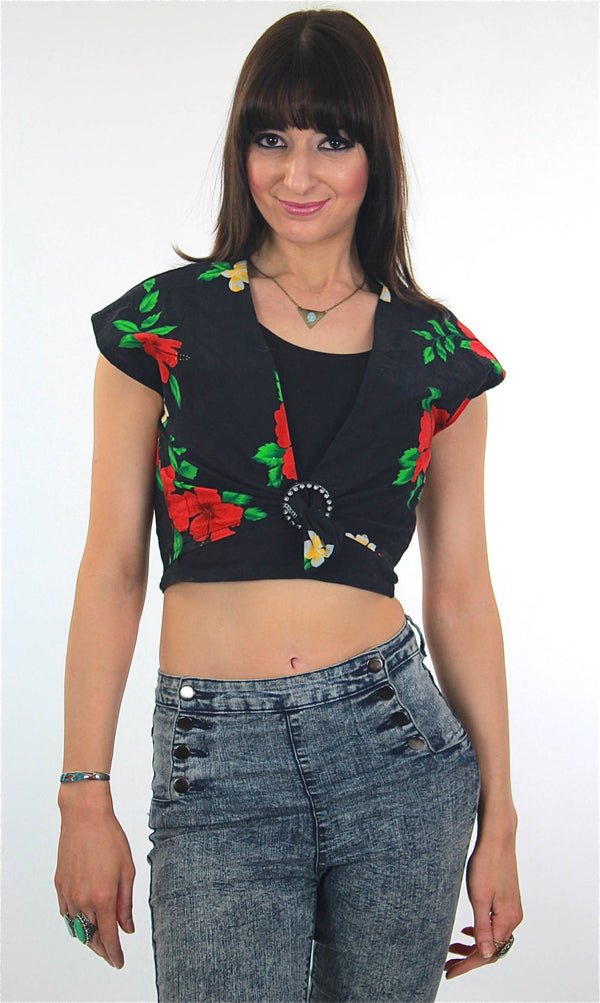 Floral Crop top Black belly Cropped Cotton Boho Deep V plunging Hawaiian cap sleeve Vintage 1980s Retro Hipster Medium - shabbybabe
 - 1