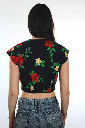 Floral Crop top Black belly Cropped Cotton Boho Deep V plunging Hawaiian cap sleeve Vintage 1980s Retro Hipster Medium - shabbybabe
 - 4