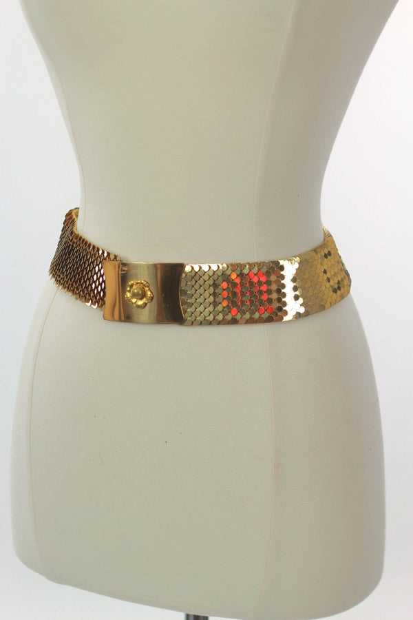 Vintage 80s Gold Tone Metal Scale Stretch Belt Womens Sz XS/S Retro Disco Boho Thinp Grevosea 3 Pieces Sequin Belt Dress Belts for Girls  main image 2