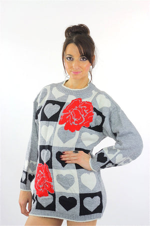 Heart sweater 80s black white Color block Graphic rose print Checkered hearts Oversized Slouchy Tunic Large - shabbybabe
 - 3