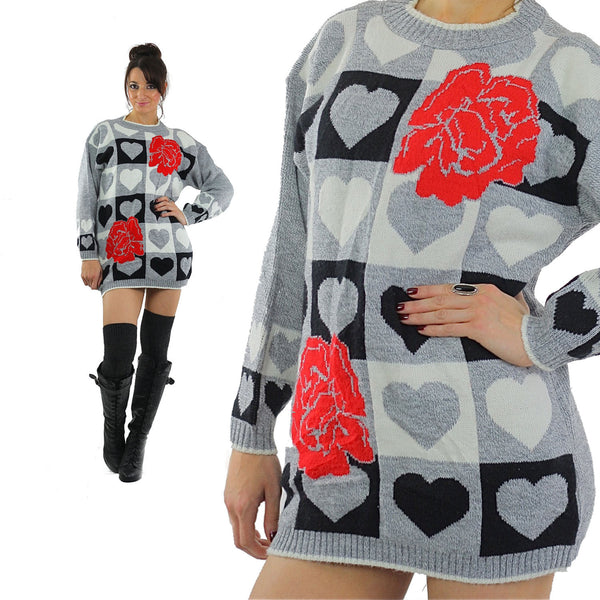 Heart sweater 80s black white Color block Graphic rose print Checkered hearts Oversized Slouchy Tunic Large - shabbybabe
 - 1