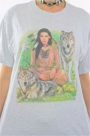 Native American shirt Wolf top Animal tee Southwestern Vintage 1990s Gray Graphic tunic Large - shabbybabe
 - 3