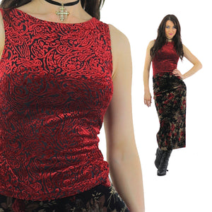 Velvet Burnout top Grunge tank top Sheer Abstract print Red Black Gothic 1990s Party Sleeveless Small - shabbybabe
 - 2