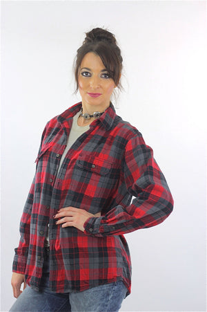 Red Flannel shirt 90s plaid Grunge Red Black Lumberjack Long sleeve Button up Checkered Small - shabbybabe
 - 3
